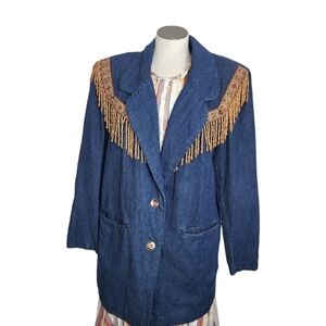 80"s Vintage Oversized Western Denim Jacket Brown Fringe Southwestern Size L